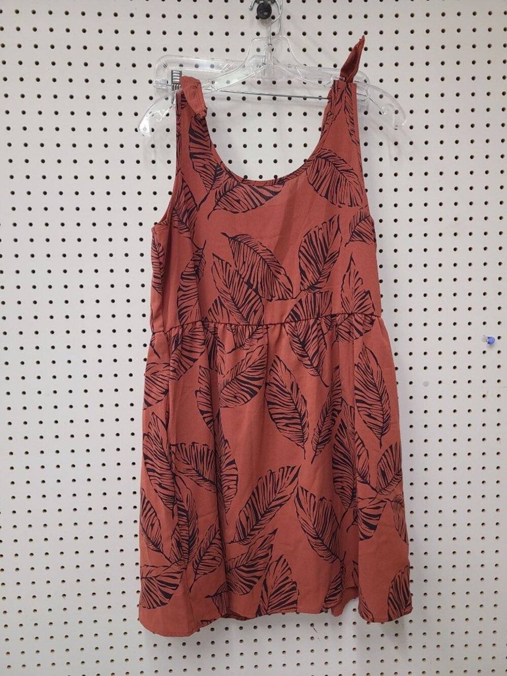 Leaf Print Sleeveless Rust Dress By Entro With Tie Shoulders & Elastic Waist